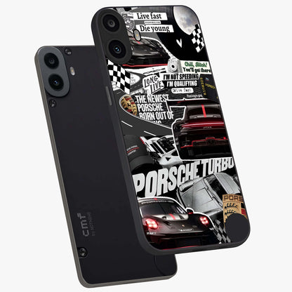 Porsche Racing Collage Glass Case displayed in angled mockup highlighting dynamic automotive design with bold racing aesthetic.
