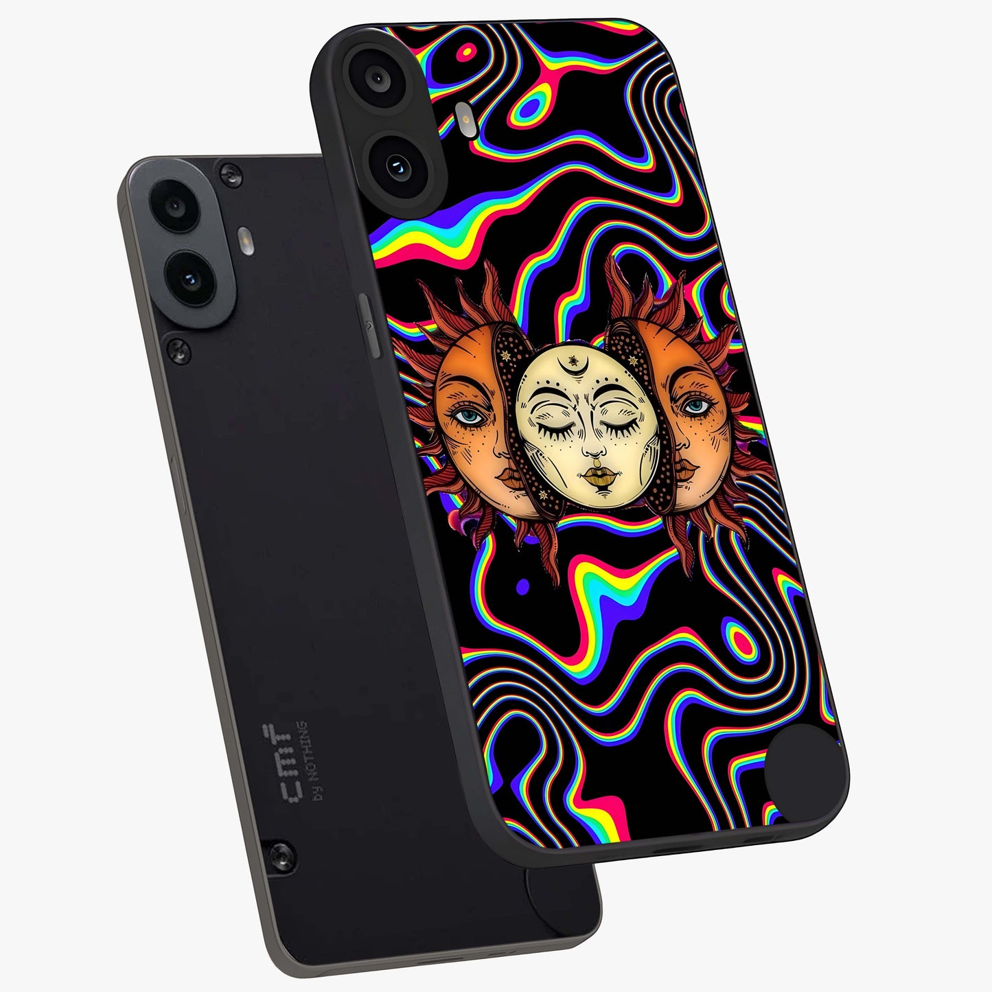 Psychedelic Sun Glass Case displayed in angled mockup highlighting vibrant abstract sun design with artistic aesthetic style.