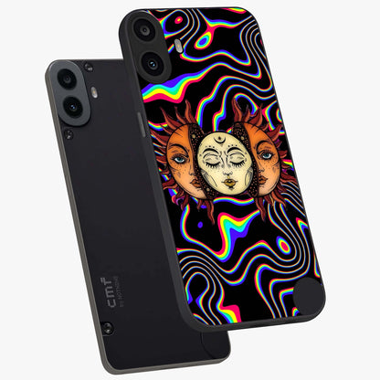 Psychedelic Sun Glass Case displayed in angled mockup highlighting vibrant abstract sun design with artistic aesthetic style.