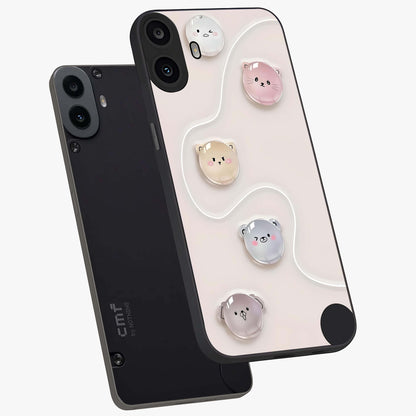 Puffy Face Parade Glass Case displayed in angled mockup highlighting playful cartoon face design with fun aesthetic.