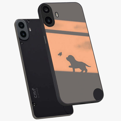 Puppy Shadow Art Glass Case displayed in angled mockup highlighting playful dog illustration with artistic shadow aesthetic.