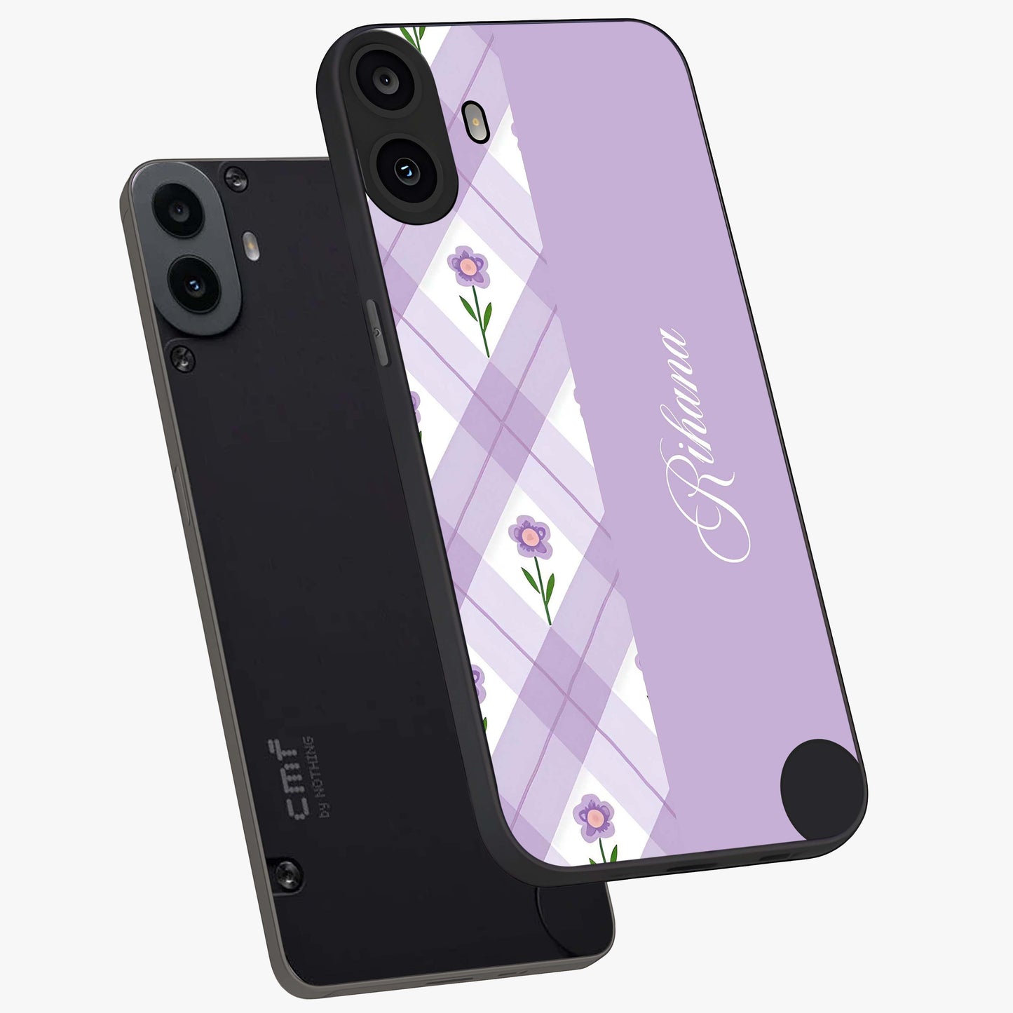 Purple Diamond Floral Glass Case displayed in angled mockup highlighting elegant purple flower design with decorative pattern.