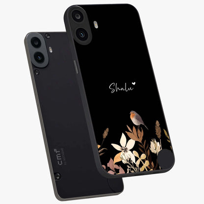 Quiet Garden Tune Custom Name Glass Case displayed in angled mockup highlighting delicate floral garden design with custom name feature.