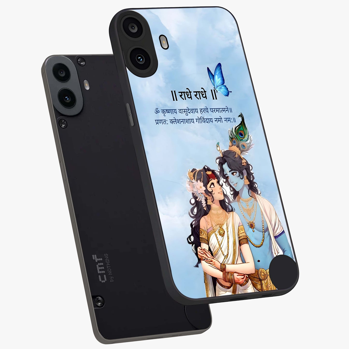 Radha Krishna Eternal Glass Case displayed in angled mockup highlighting divine Radha Krishna illustration with spiritual aesthetic.