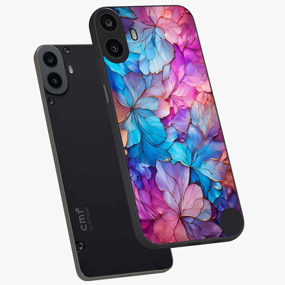 Radiant Floral Whirl Glass Case displayed in angled mockup highlighting vibrant flower pattern with dynamic artistic aesthetic.