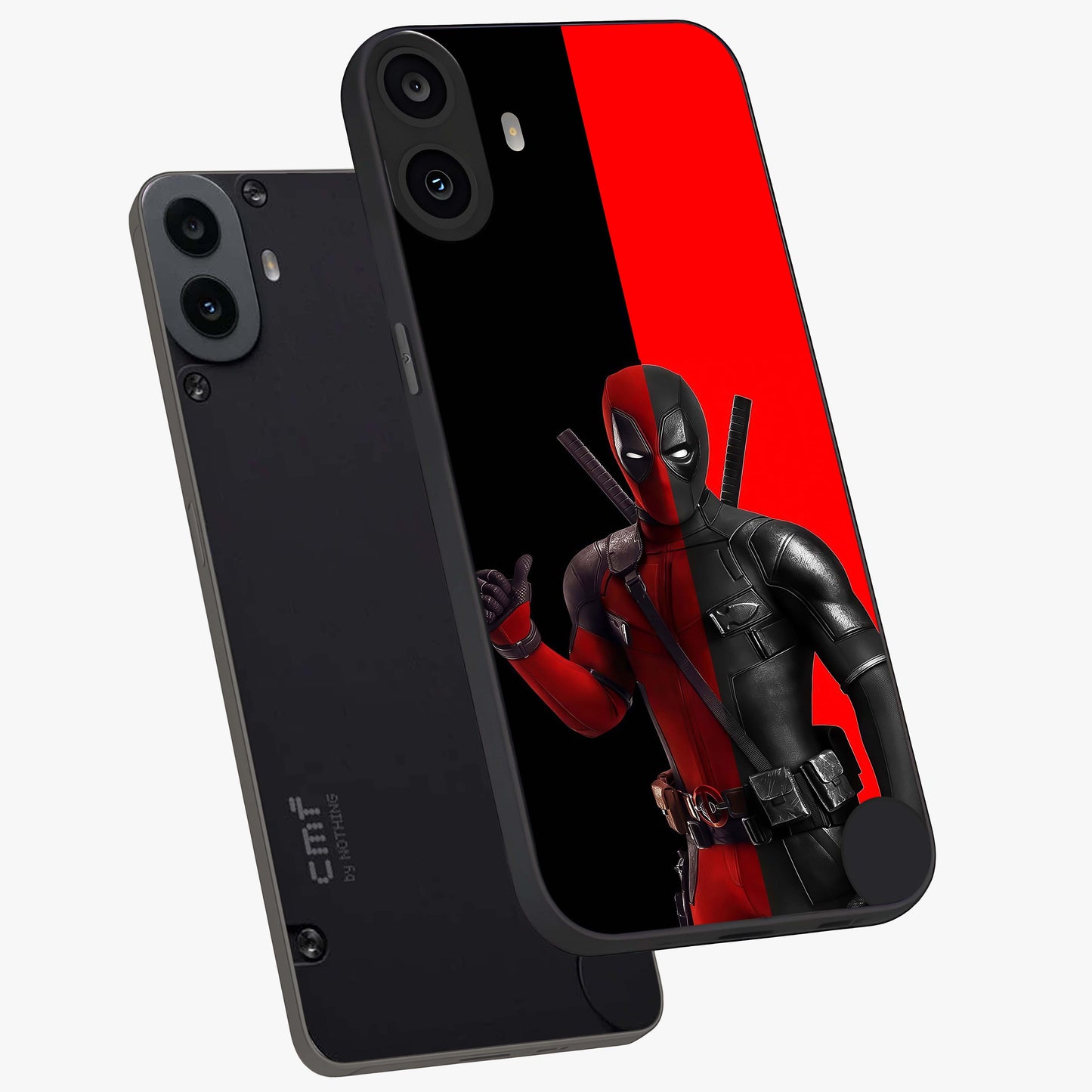 Red & Black Deadpool Theme Glass Case displayed in angled mockup highlighting vibrant superhero style illustration with action aesthetic.