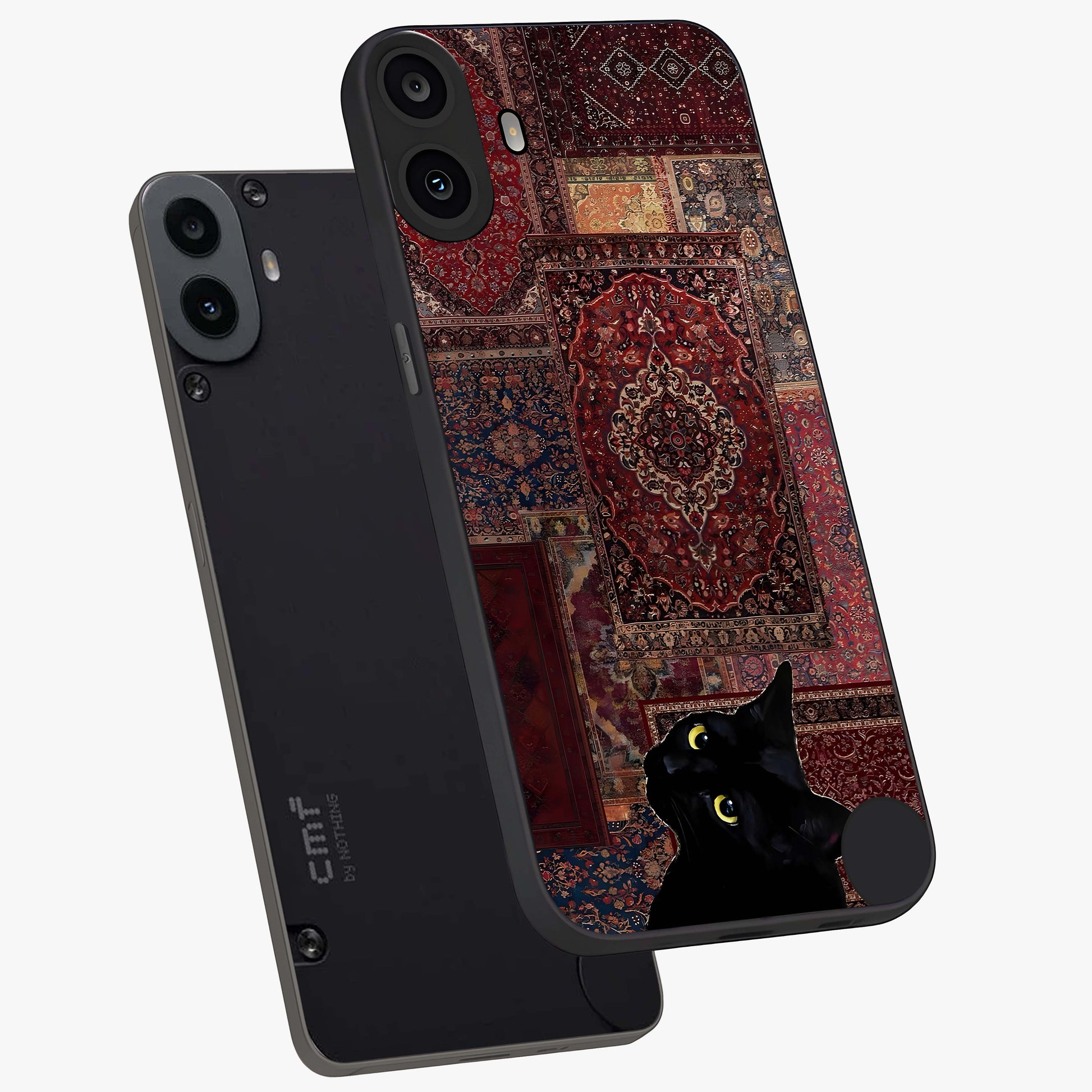 Regal Magic Cat Apple Glass Case displayed in angled mockup highlighting whimsical feline design with fantasy aesthetic.