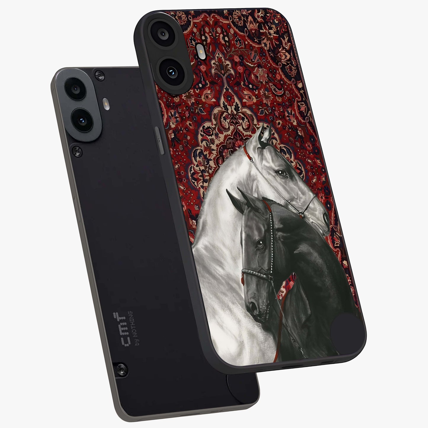 Regal Stallion Tapestry Glass Case displayed in angled mockup highlighting royal stallion design with decorative heritage aesthetic.