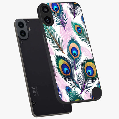 Royal Peacock Feathers Glass Case displayed in angled mockup highlighting vibrant feather pattern with regal aesthetic style.