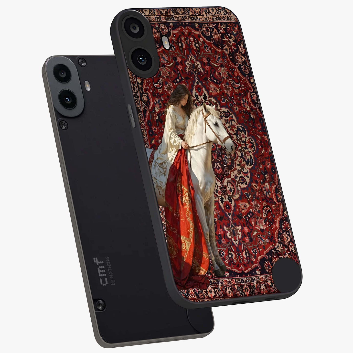 Royal Rider Tapestry Glass Case displayed in angled mockup highlighting traditional tapestry design with royal heritage aesthetic.