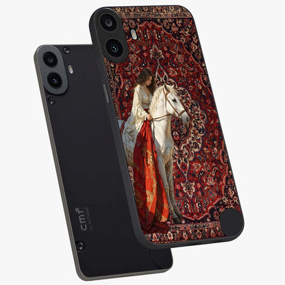 Royal Rider Tapestry Glass Case displayed in angled mockup highlighting traditional tapestry design with royal heritage aesthetic.