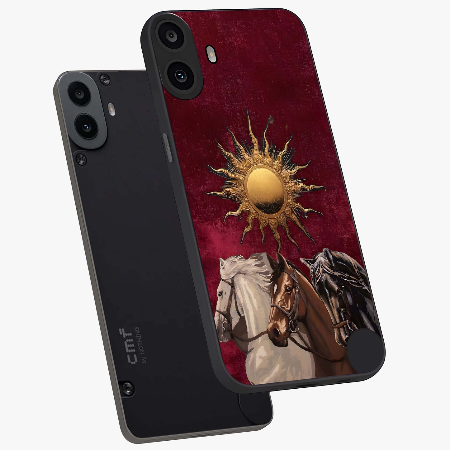 Solar Riders Glass Case displayed in angled mockup highlighting powerful rider illustration with radiant solar aesthetic.