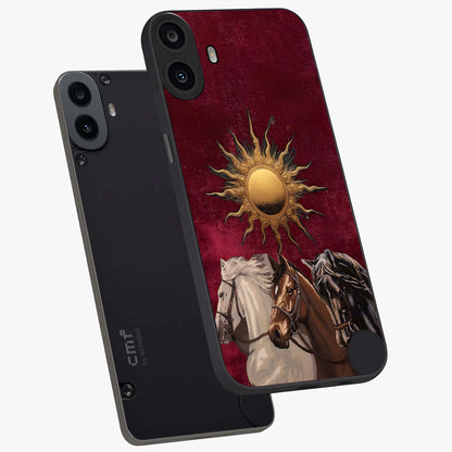 Solar Riders Glass Case displayed in angled mockup highlighting powerful rider illustration with radiant solar aesthetic.