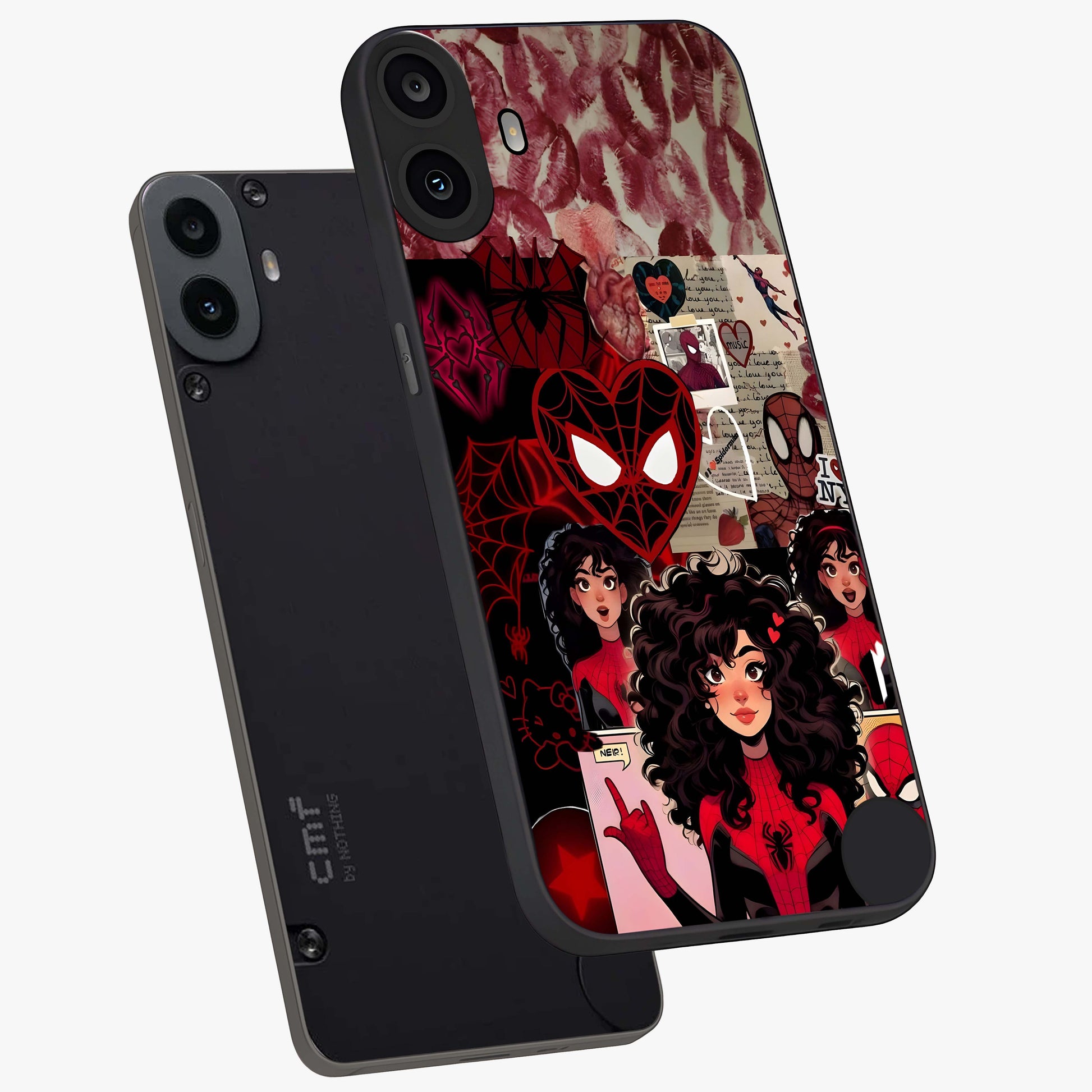 Spider Love Story Glass Case displayed in angled mockup highlighting expressive comic inspired design with playful aesthetic.