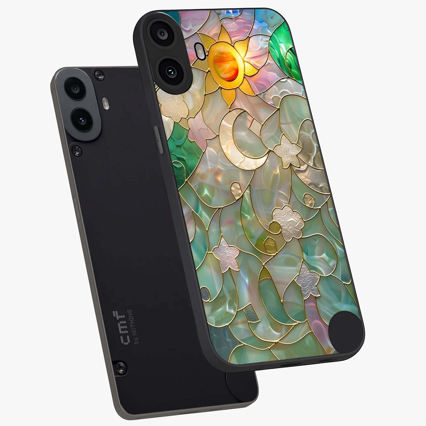 Stained Sunrise Glow Glass Case displayed in angled mockup highlighting radiant sunrise design with artistic aesthetic style.