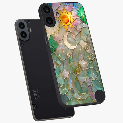 Stained Sunrise Glow Glass Case displayed in angled mockup highlighting radiant sunrise design with artistic aesthetic style.