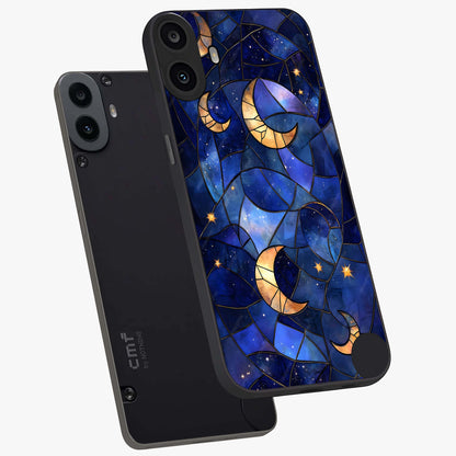 Starlit Sky Tapestry Glass Case displayed in angled mockup highlighting celestial night pattern with artistic aesthetic style.