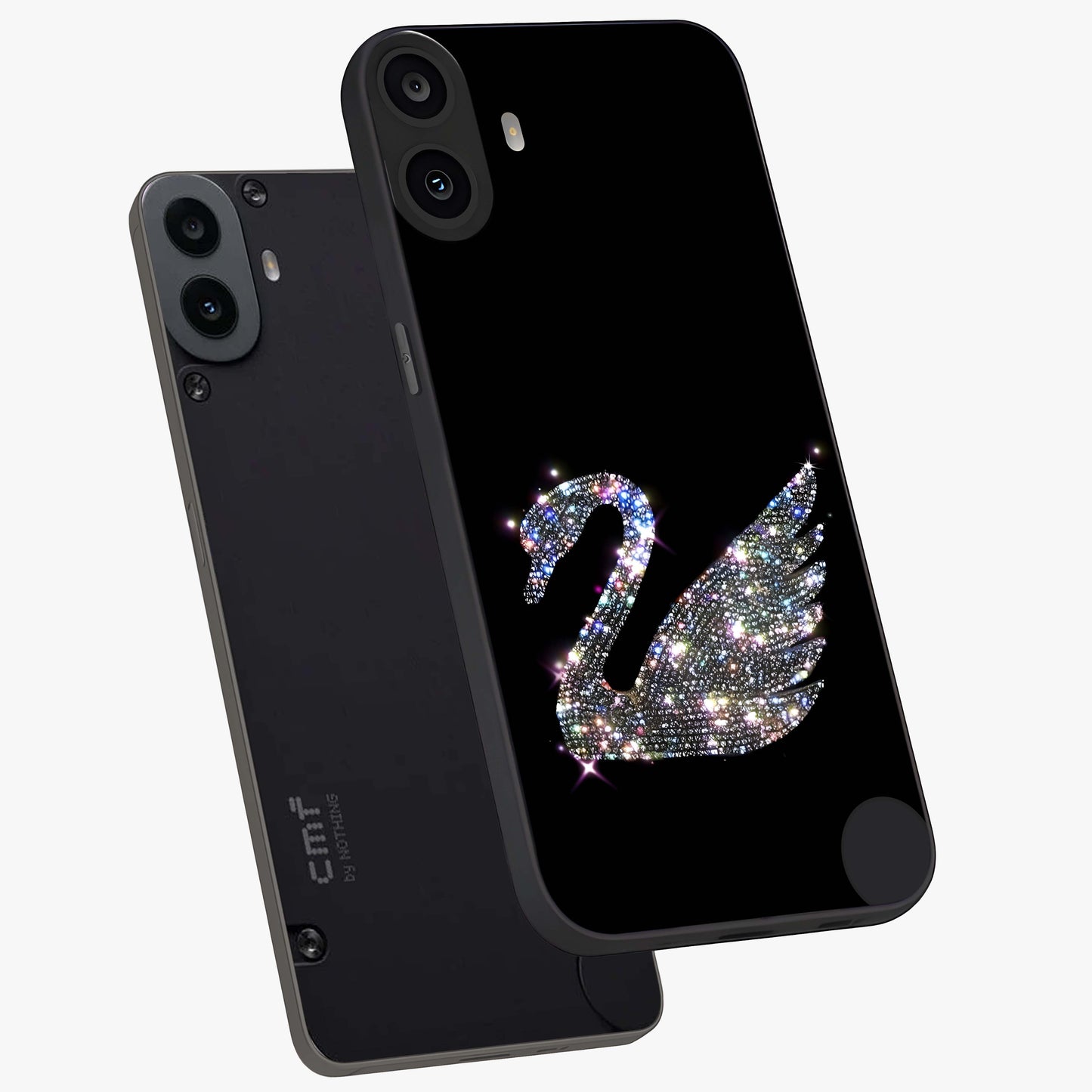 Starlit Swan Grace Glass Case displayed in angled mockup highlighting elegant swan illustration with dreamy celestial aesthetic.
