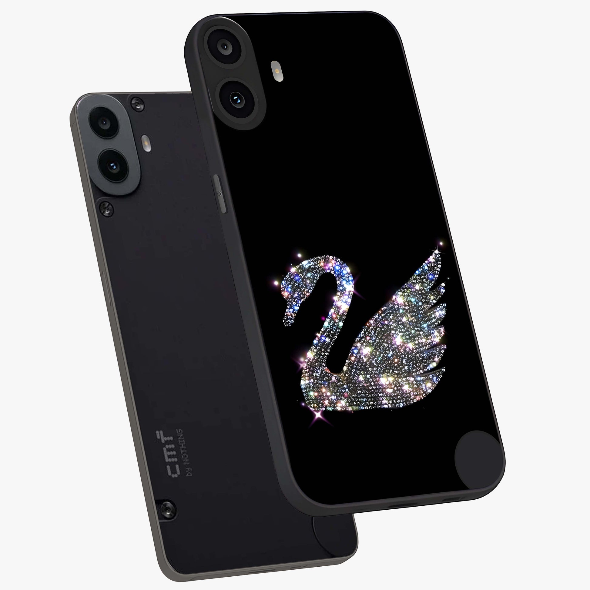Starlit Swan Grace Glass Case displayed in angled mockup highlighting elegant swan illustration with dreamy celestial aesthetic.