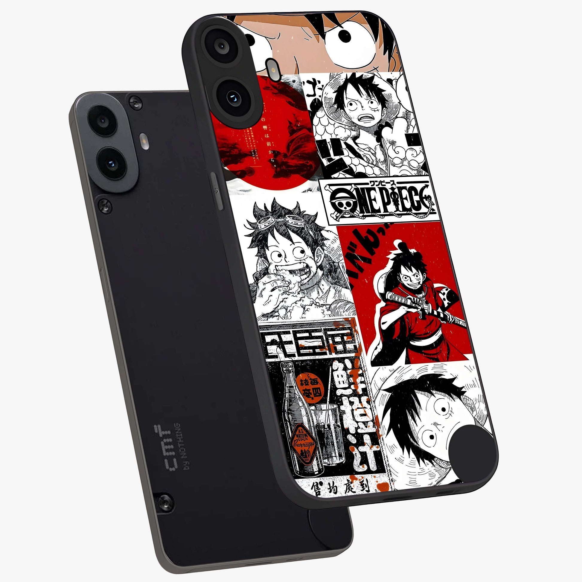 Strawhat Chaos Panels Glass Case displayed in angled mockup highlighting vibrant anime collage design with action aesthetic.