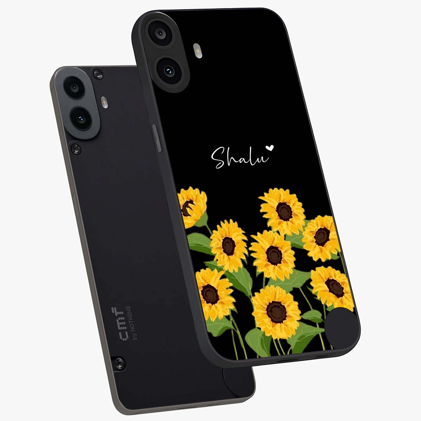 Sunflower Chic Mood Custom Name Glass Case displayed in angled mockup highlighting vibrant sunflower design with custom name feature.