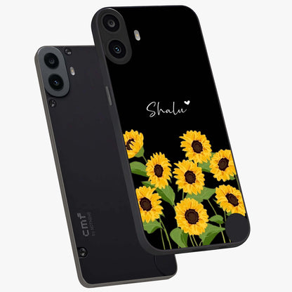 Sunflower Chic Mood Custom Name Glass Case displayed in angled mockup highlighting vibrant sunflower design with custom name feature.