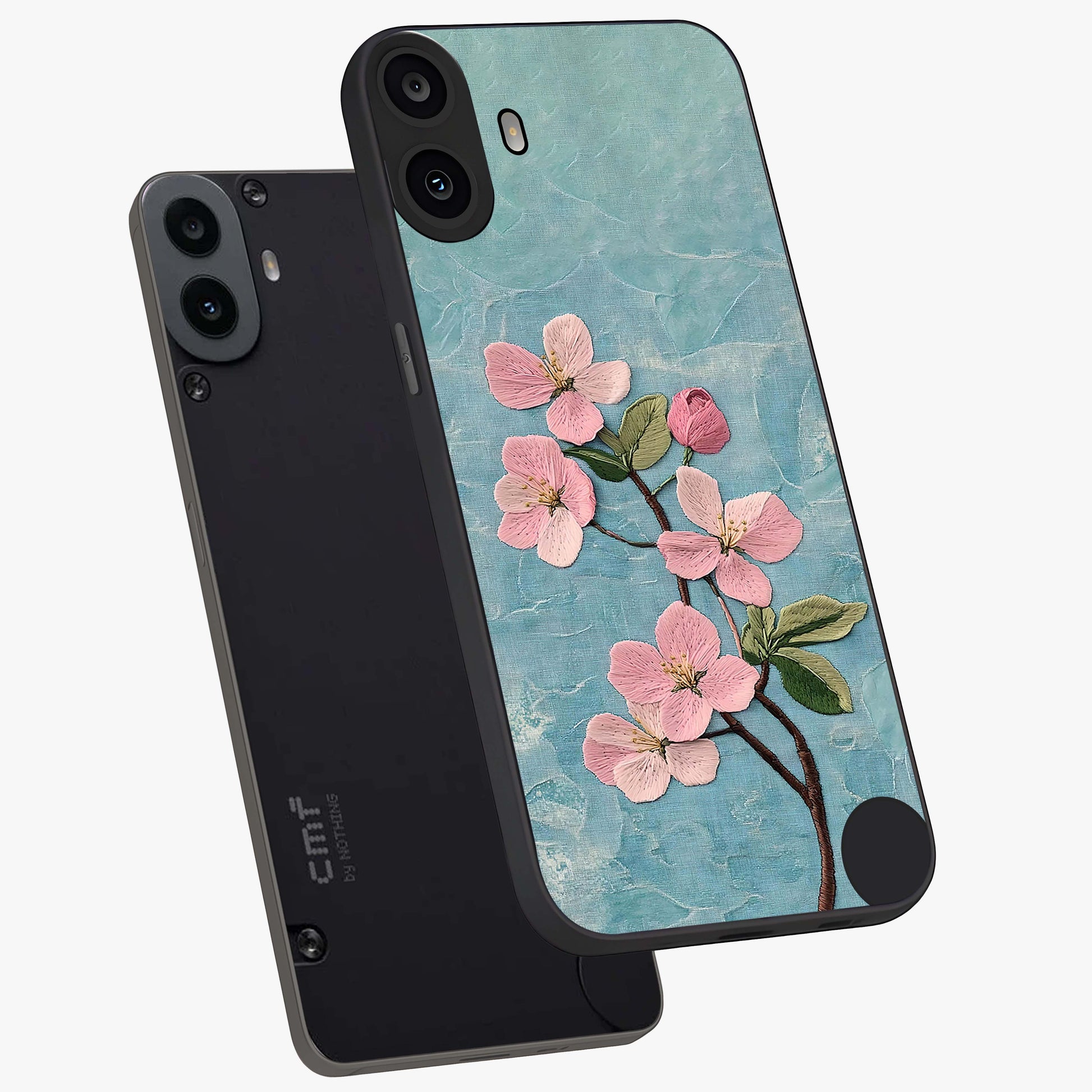 Threaded Blossom Breeze Glass Case displayed in angled mockup highlighting elegant floral design with soft aesthetic style.