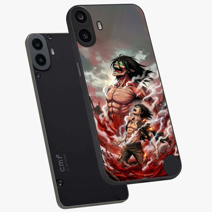 Titan Awakening Fury Glass Case displayed in angled mockup highlighting dramatic giant warrior design with bold anime aesthetic.