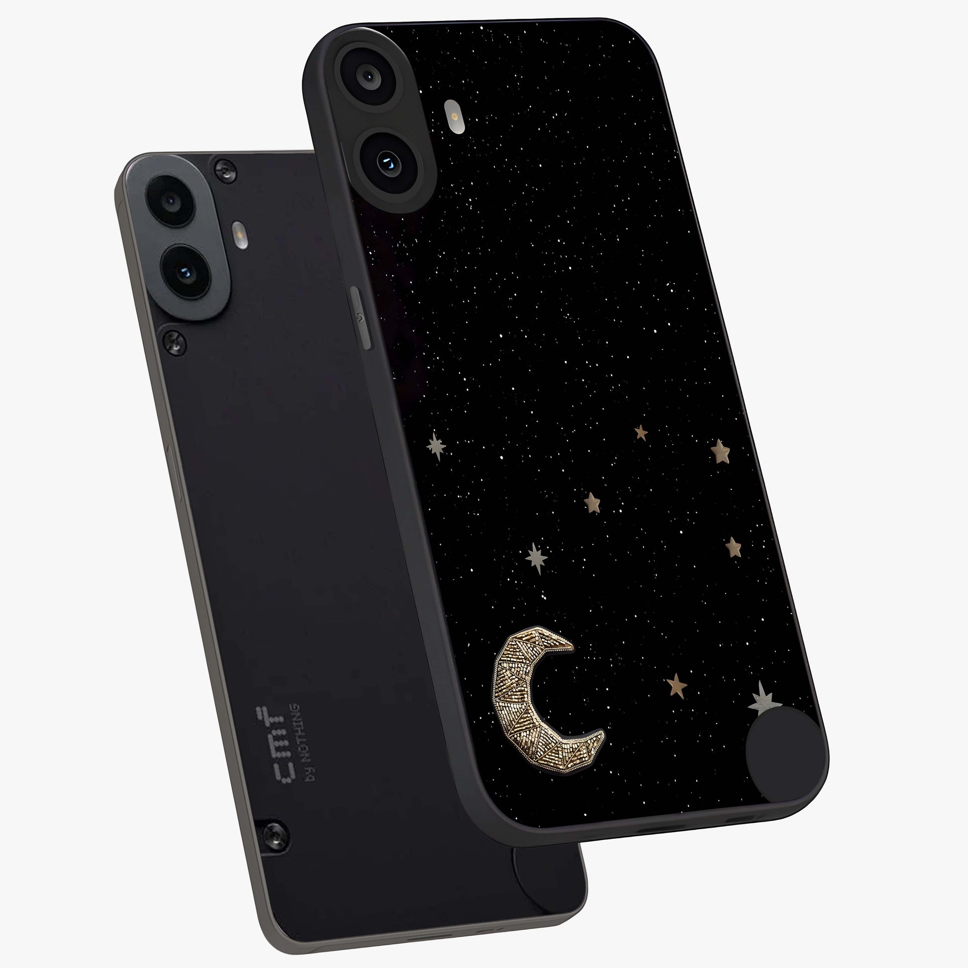 Twinkle Star With Half Moon Glass Case displayed in angled mockup highlighting celestial moon and star design with magical aesthetic.