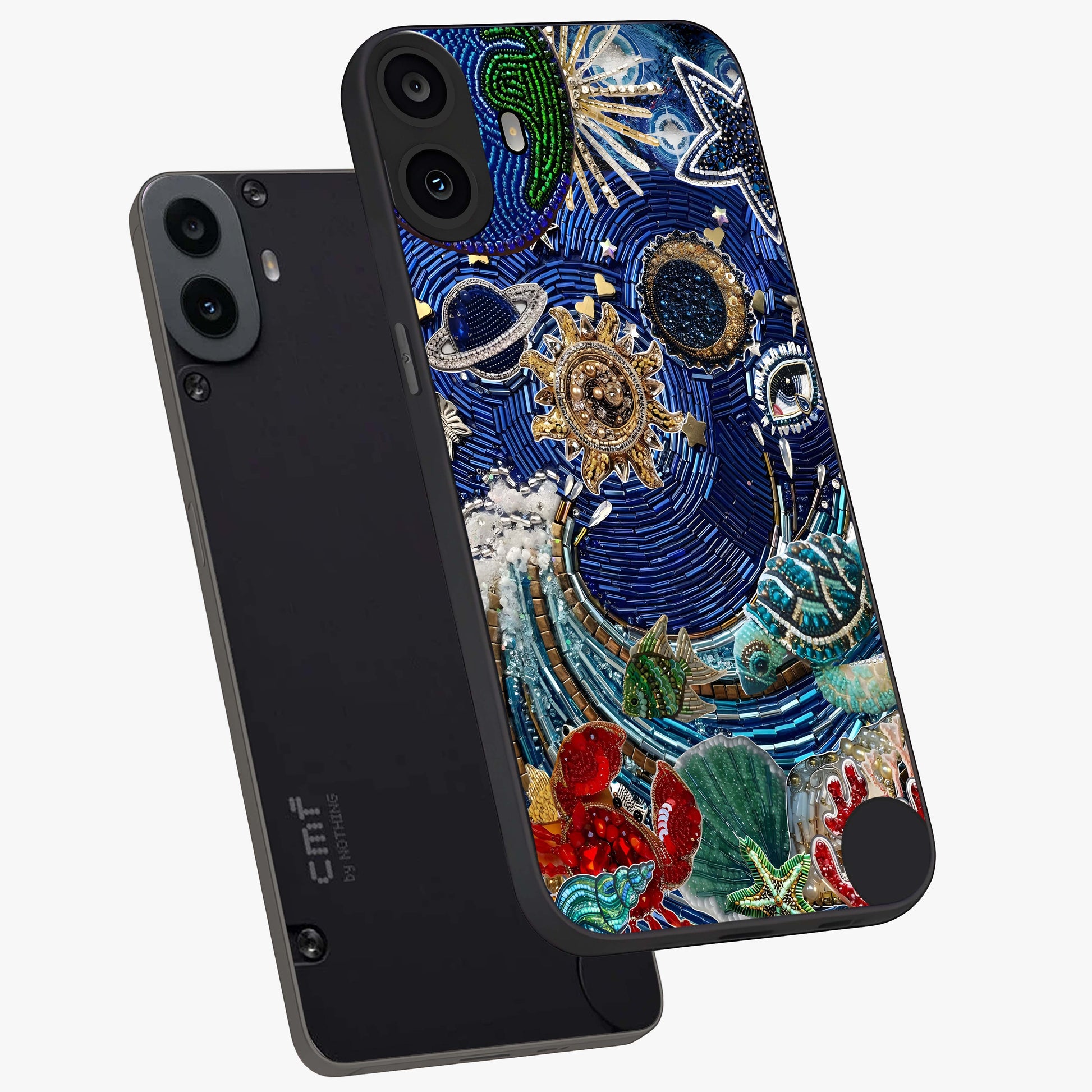 Universe Underwater Spark Glass Case displayed in angled mockup highlighting glowing aquatic design with celestial aesthetic.