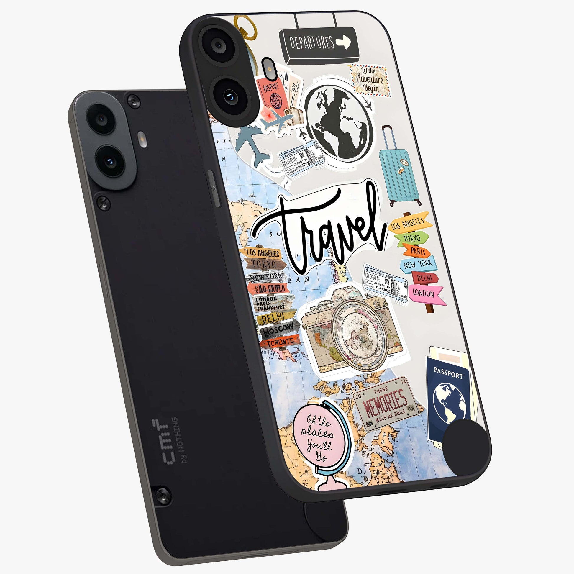 Wanderlust Journal Glass Case displayed in angled mockup highlighting adventure themed design with aesthetic travel vibe.