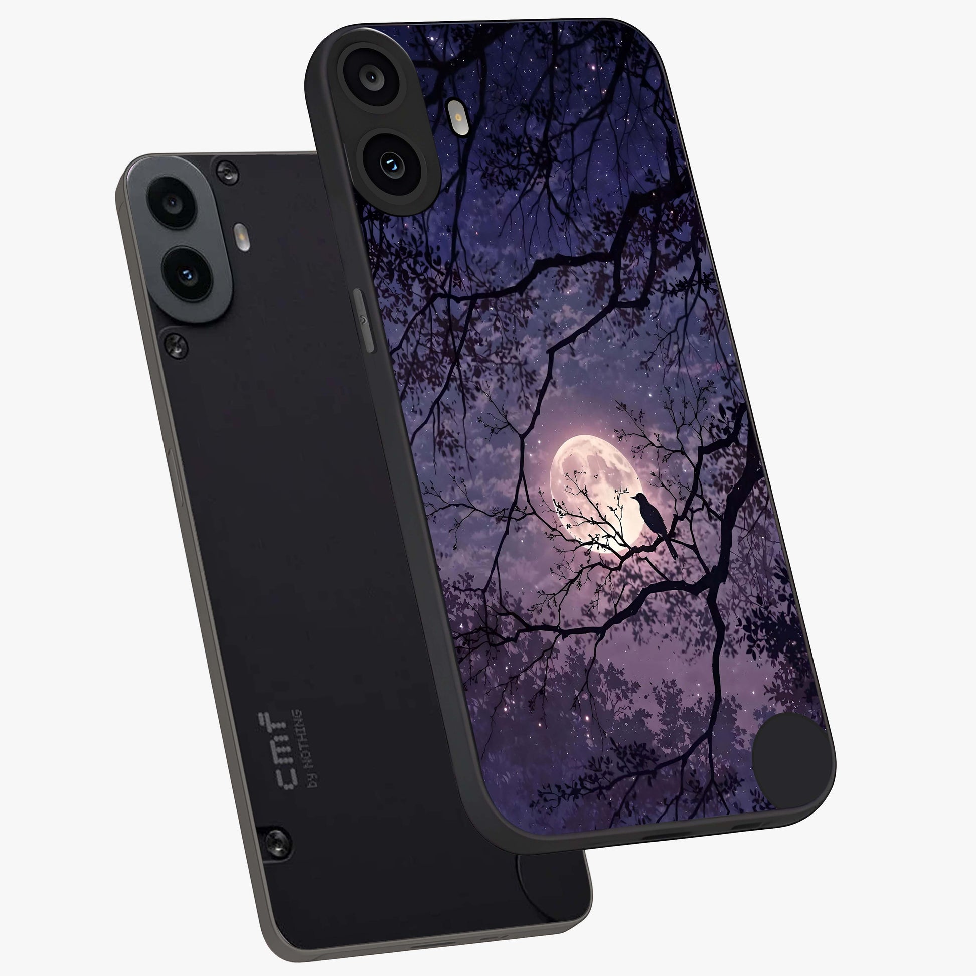 Whispering Moon Silence Glass Case displayed in angled mockup highlighting calm lunar design with dreamy night aesthetic.