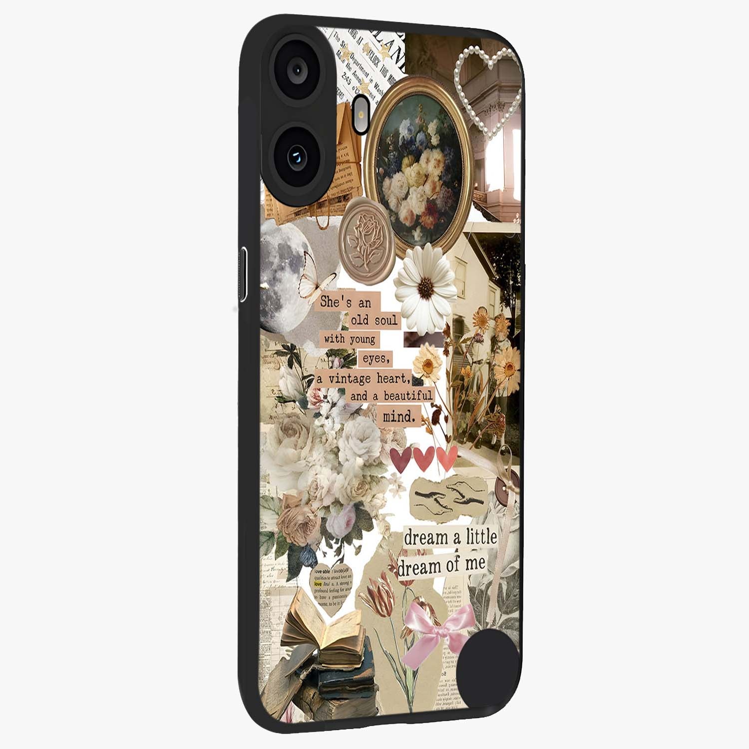 Aesthetic Brown Vintage Collage Glass Case upright view showcasing nostalgic retro artwork with stylish vintage theme.