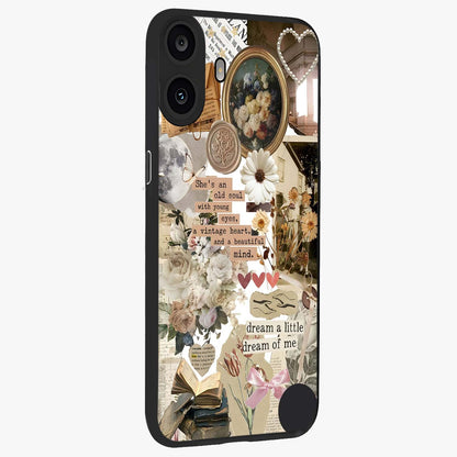 Aesthetic Brown Vintage Collage Glass Case upright view showcasing nostalgic retro artwork with stylish vintage theme.