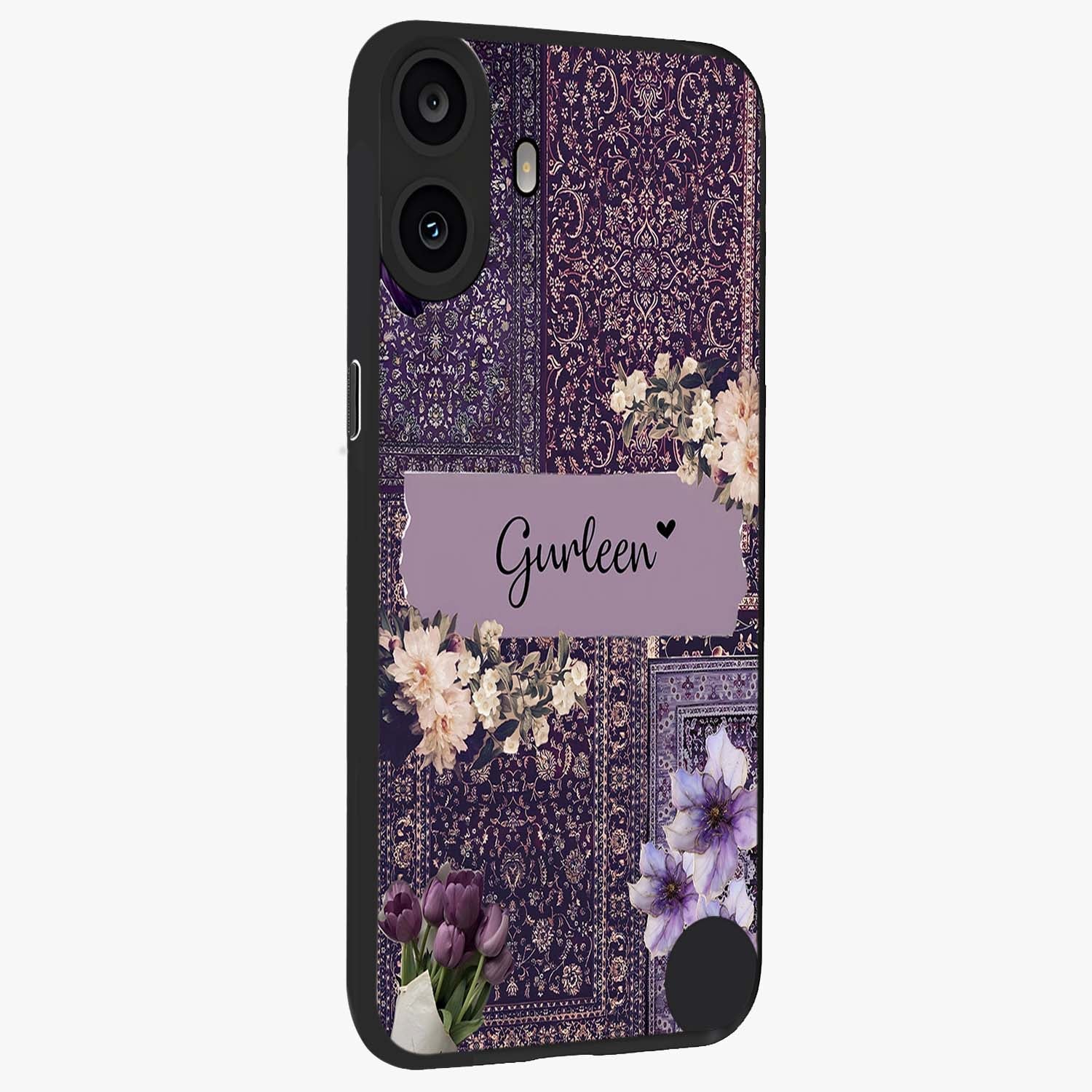 Antique Floral Whisper Custom Name Glass Case upright view showcasing delicate floral artwork with custom name feature.