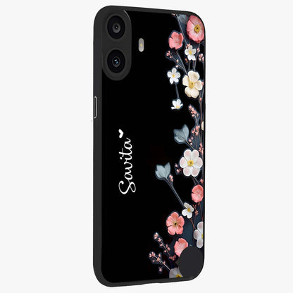 Black Elegance Floral Custom Name Glass Case upright view showcasing luxurious black floral design with personalized name detail.