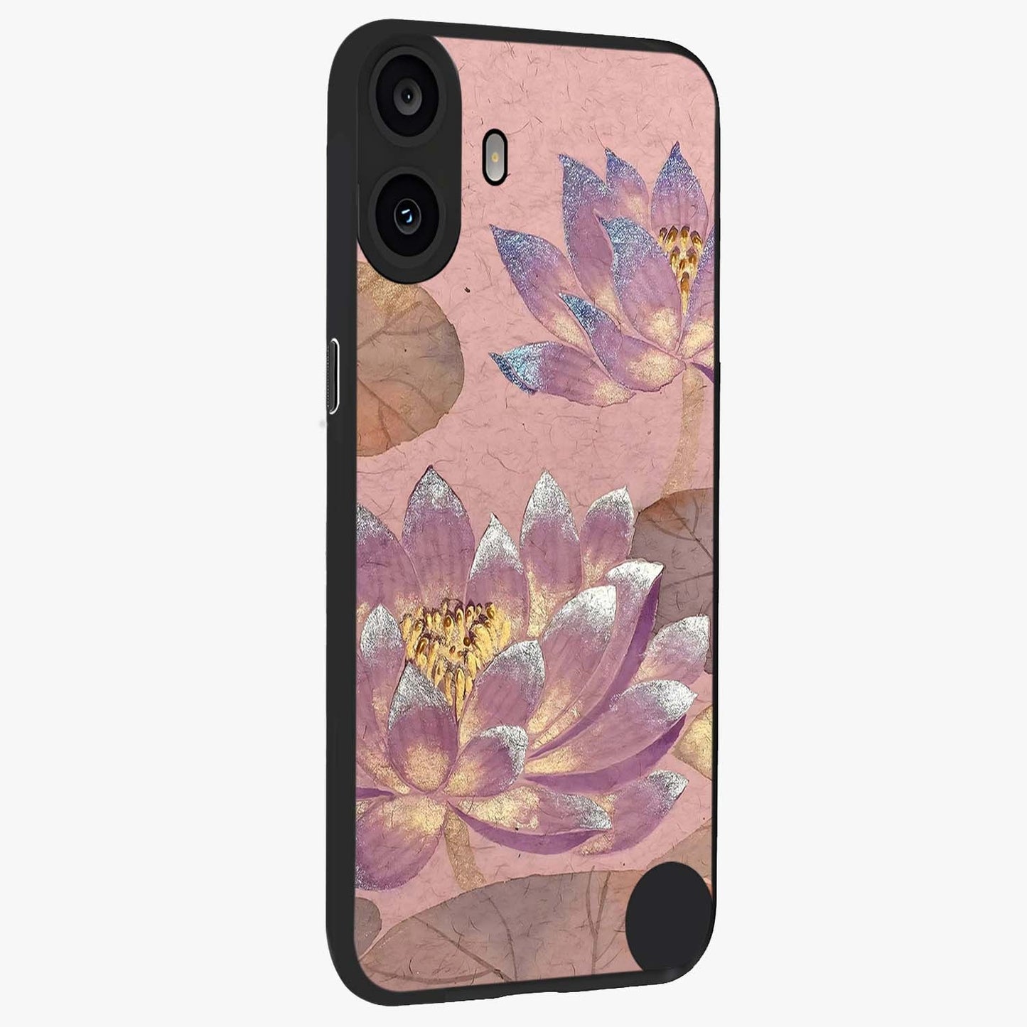 Blossom Mist Lotus Glass Case upright view showcasing graceful lotus flower design with peaceful botanical style.