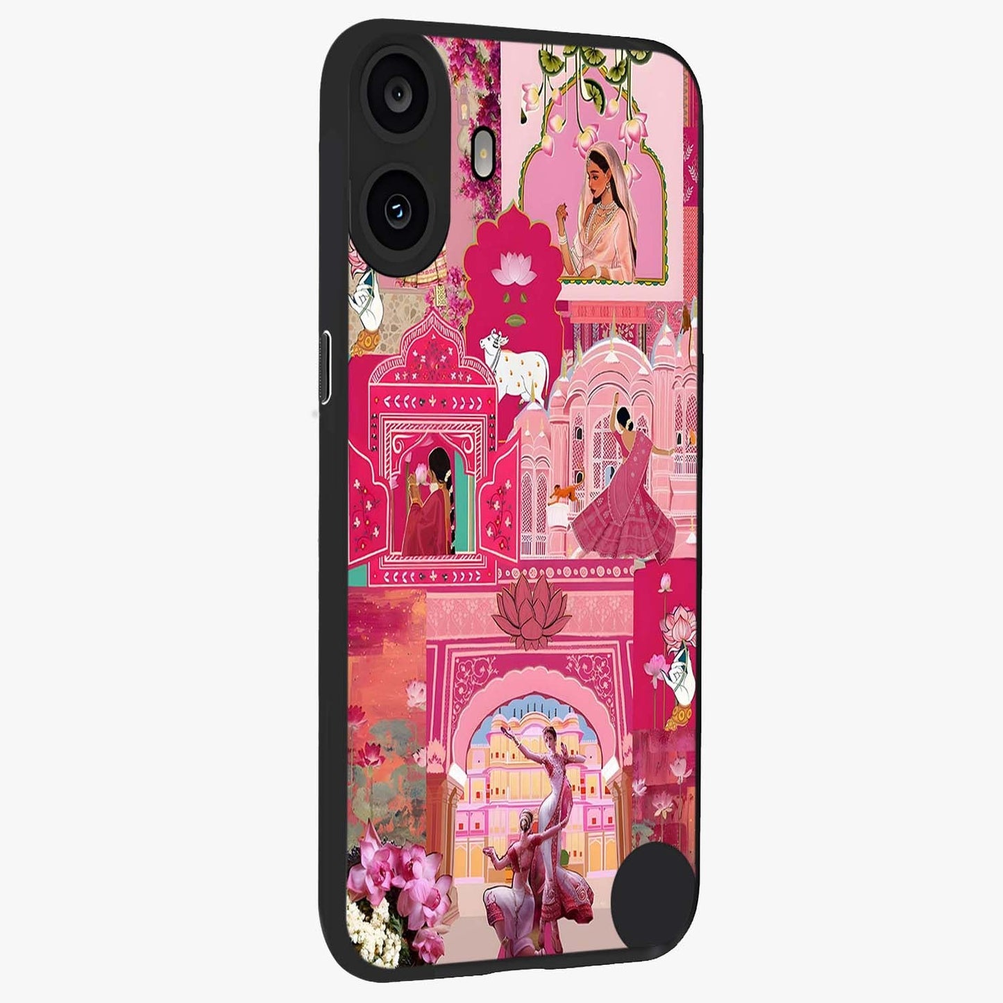 Blossoms of Rajasthan Glass Case upright view showcasing colorful floral design inspired by traditional Indian art.