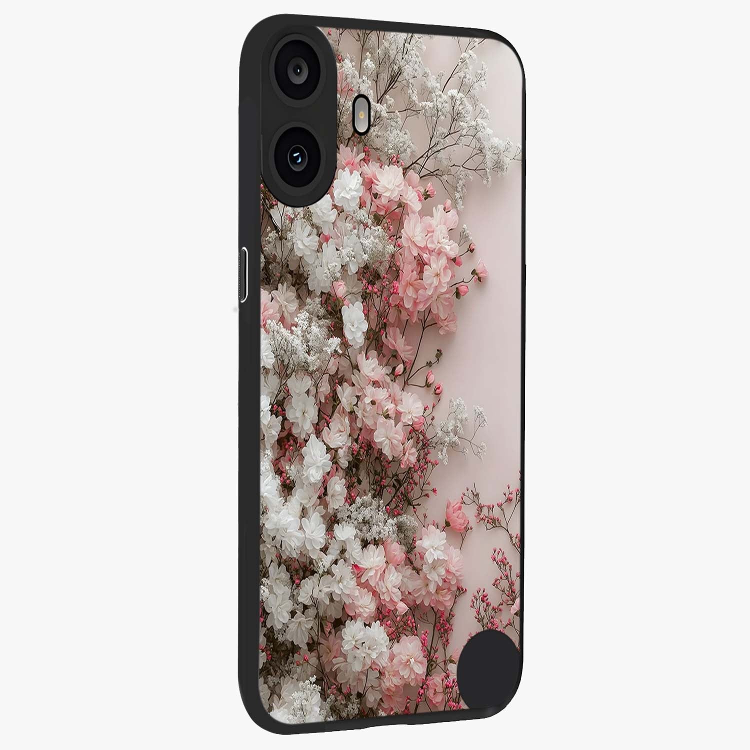 Blush Blossom Cloud Glass Case upright view showcasing calm floral cloud artwork with gentle dreamy theme.