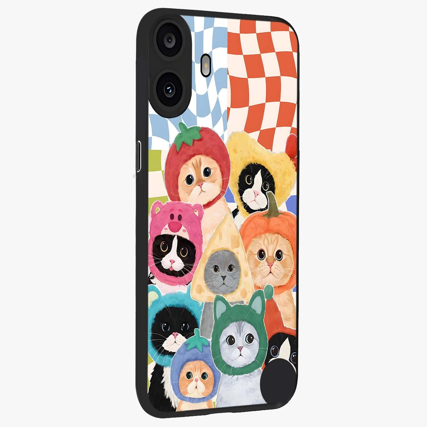 Cats in Fruits Glass Case upright view showcasing charming cat artwork with fun fruity theme.
