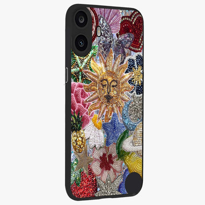 Celestial Floral and Playful Glass Case upright view showcasing whimsical floral artwork with cosmic aesthetic theme.