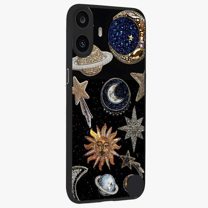Celestial Gem Constellations Glass Case upright view showcasing cosmic constellation artwork with celestial aesthetic style.
