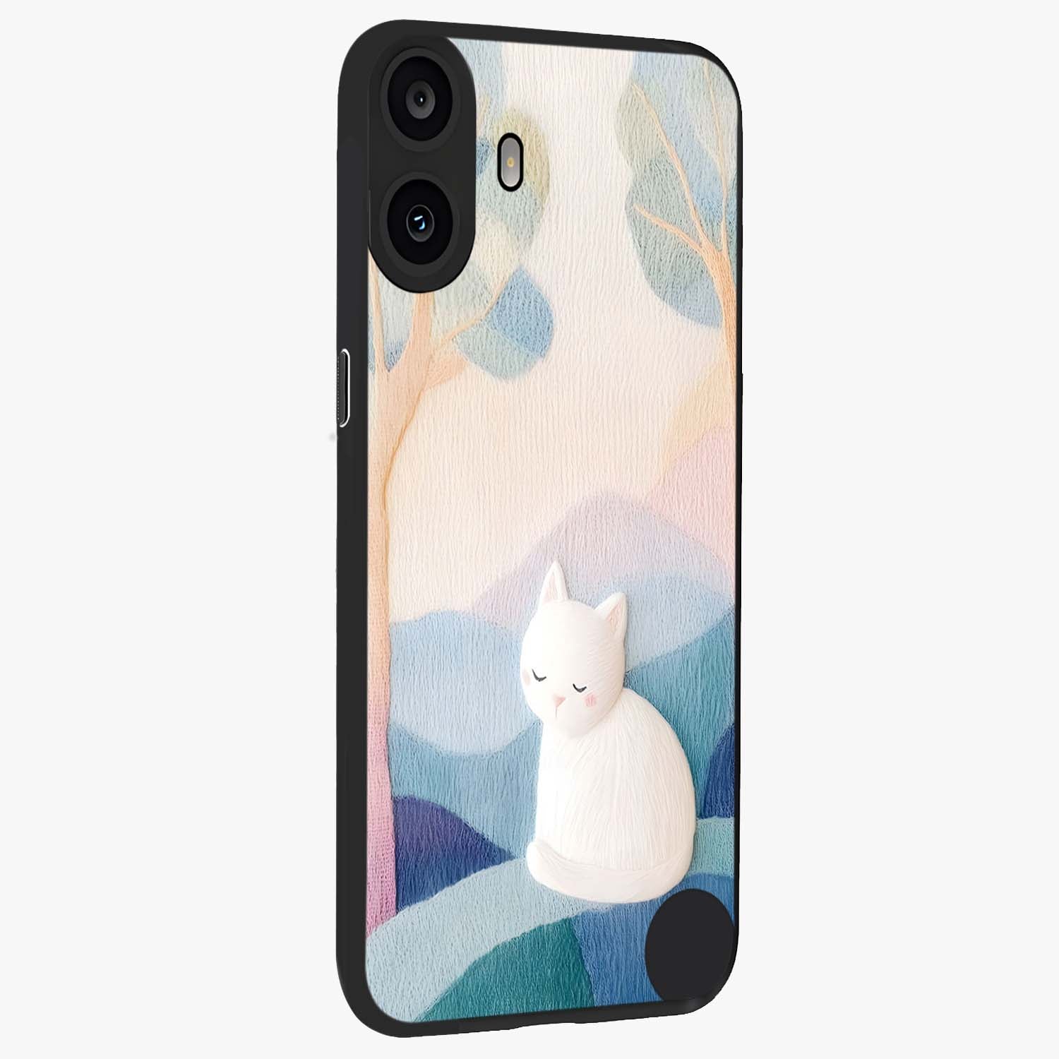 Cotton Dream Cat Glass Case upright view showcasing charming cat artwork with cozy dreamy theme.