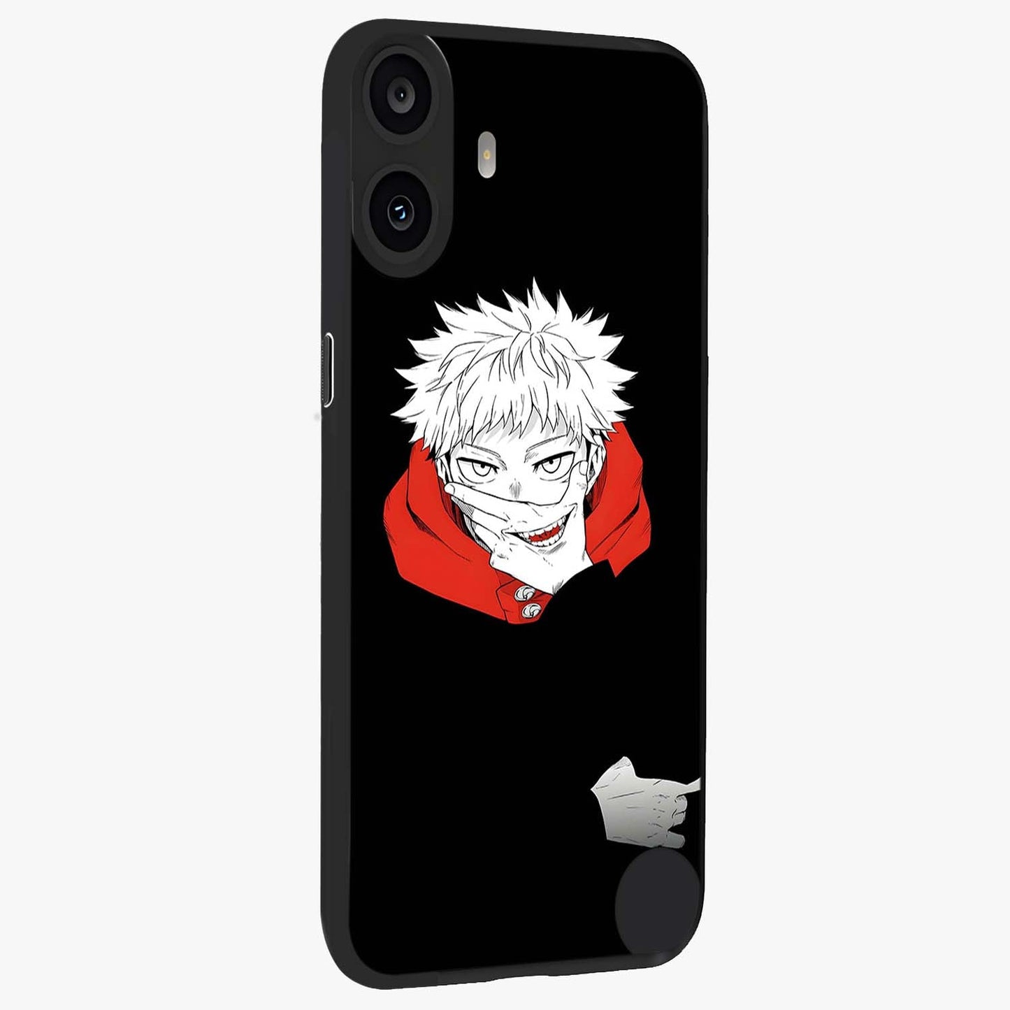 Crimson Chaos Smile Glass Case upright view showcasing expressive chaotic artwork with striking visual theme.