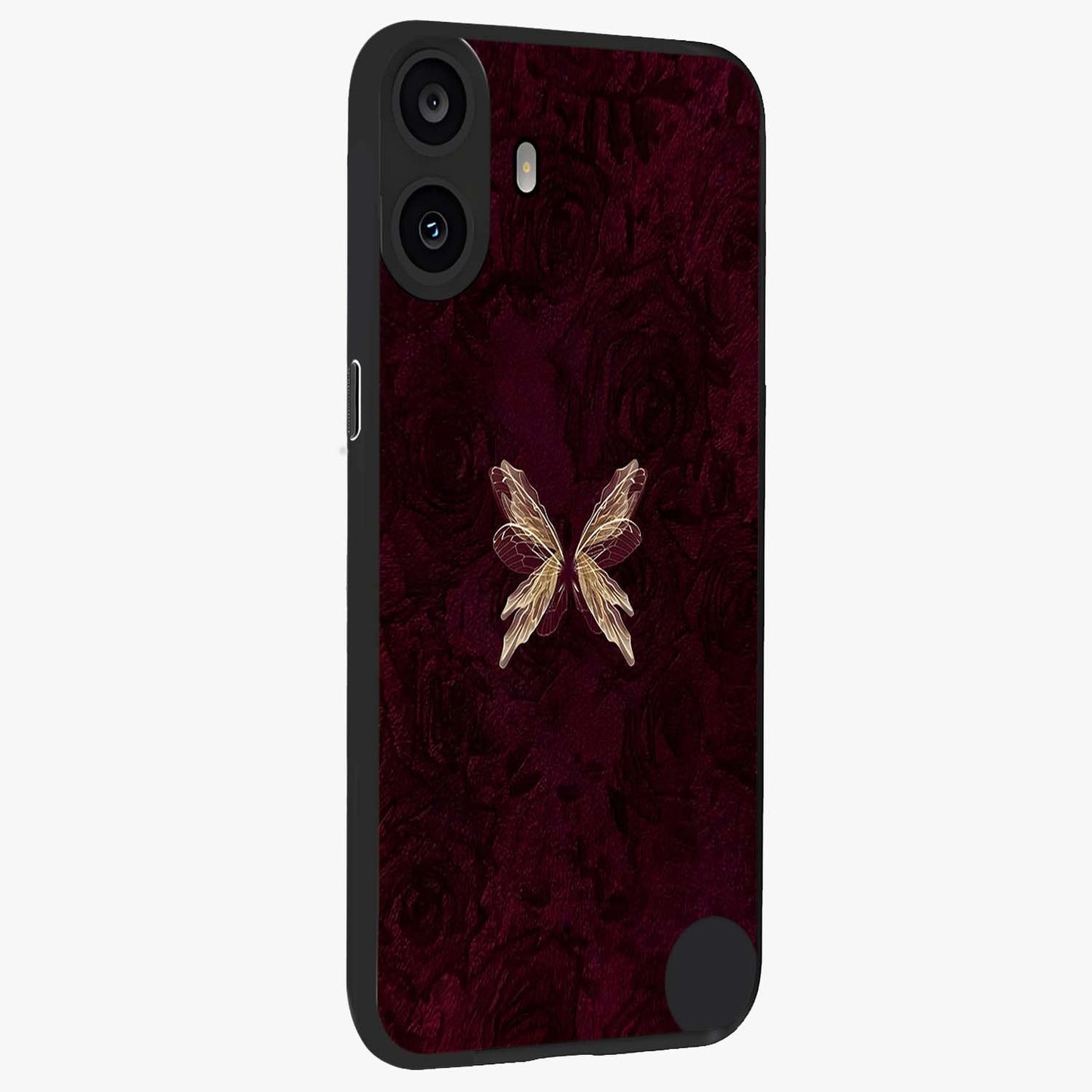 Crimson Fade Butterfly Glass Case upright view showcasing graceful butterfly artwork with soft crimson fade effect.