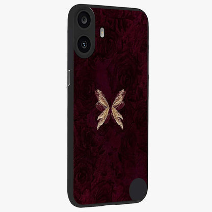 Crimson Fade Butterfly Glass Case upright view showcasing graceful butterfly artwork with soft crimson fade effect.