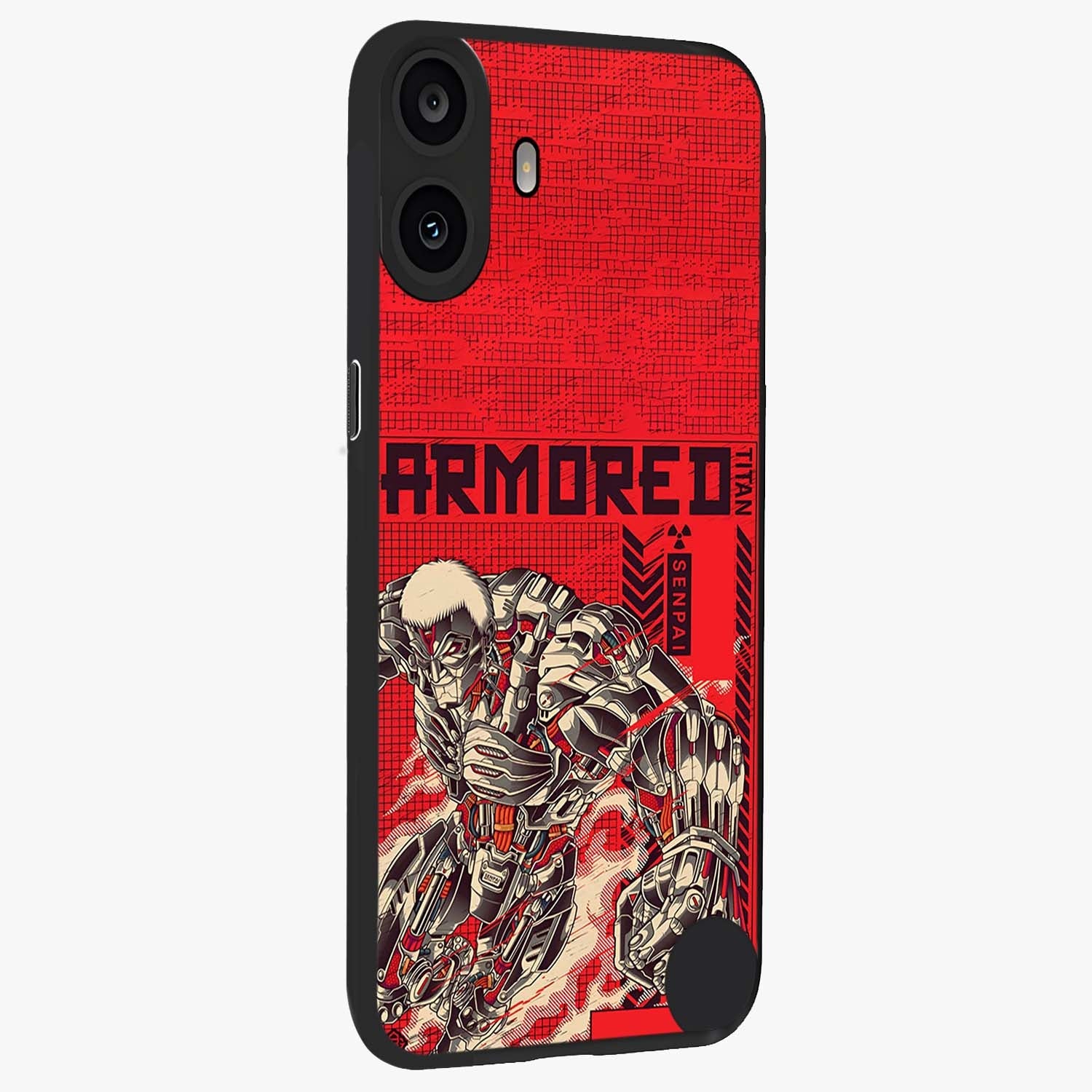 Crimson Mecha Titan Glass Case upright view showcasing dynamic robotic titan design with sci-fi inspired theme.