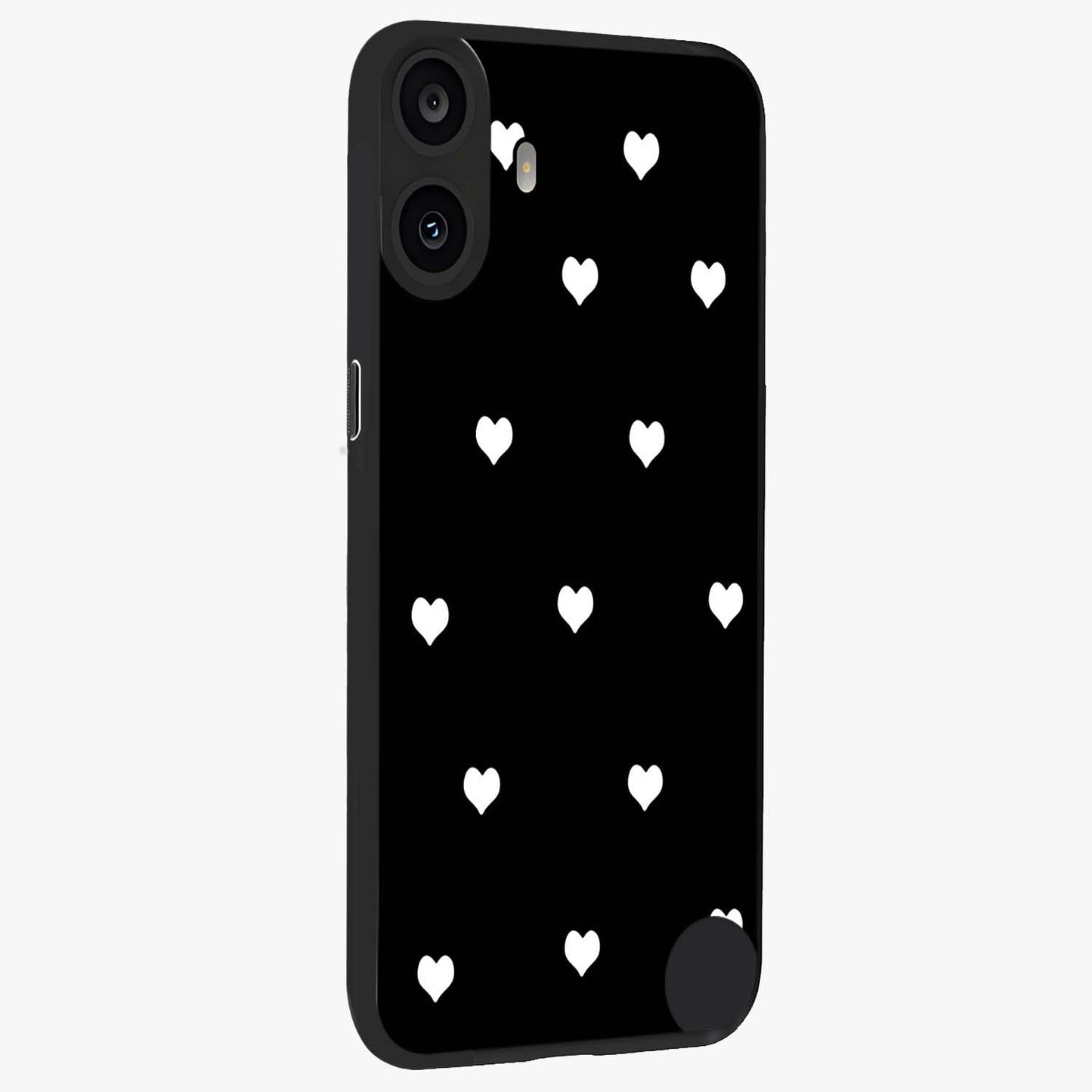Cute And Simple White Hearts Glass Case upright view showcasing simple white hearts artwork with soft minimal theme.