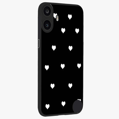 Cute And Simple White Hearts Glass Case upright view showcasing simple white hearts artwork with soft minimal theme.