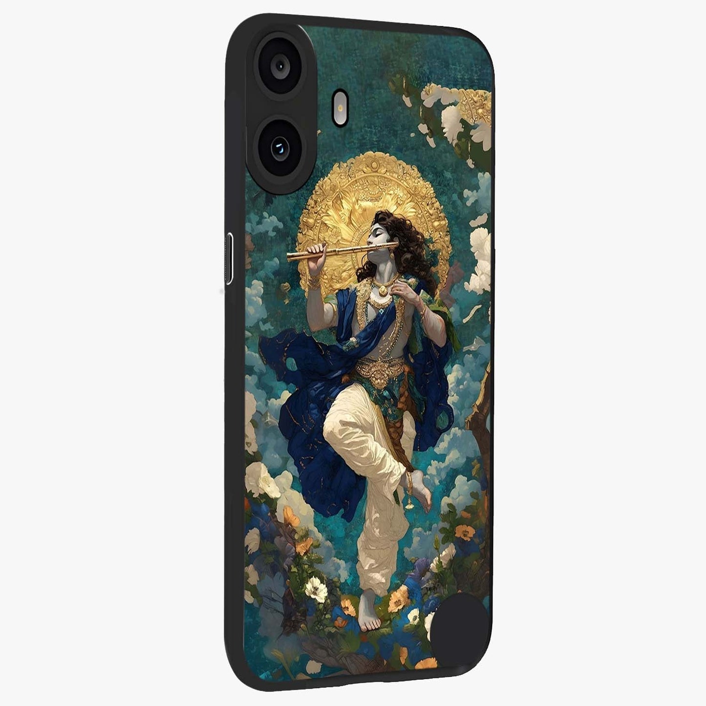 Divine Krishna Art Glass Case upright view showcasing divine Krishna artwork with sacred artistic theme.